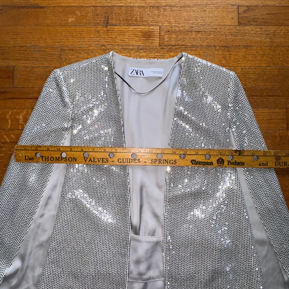 Zara Womens‎ Silver Sequin Cape Blazer Open Front Party Jacket XS 2687/001/808 - Picture 5 of 7